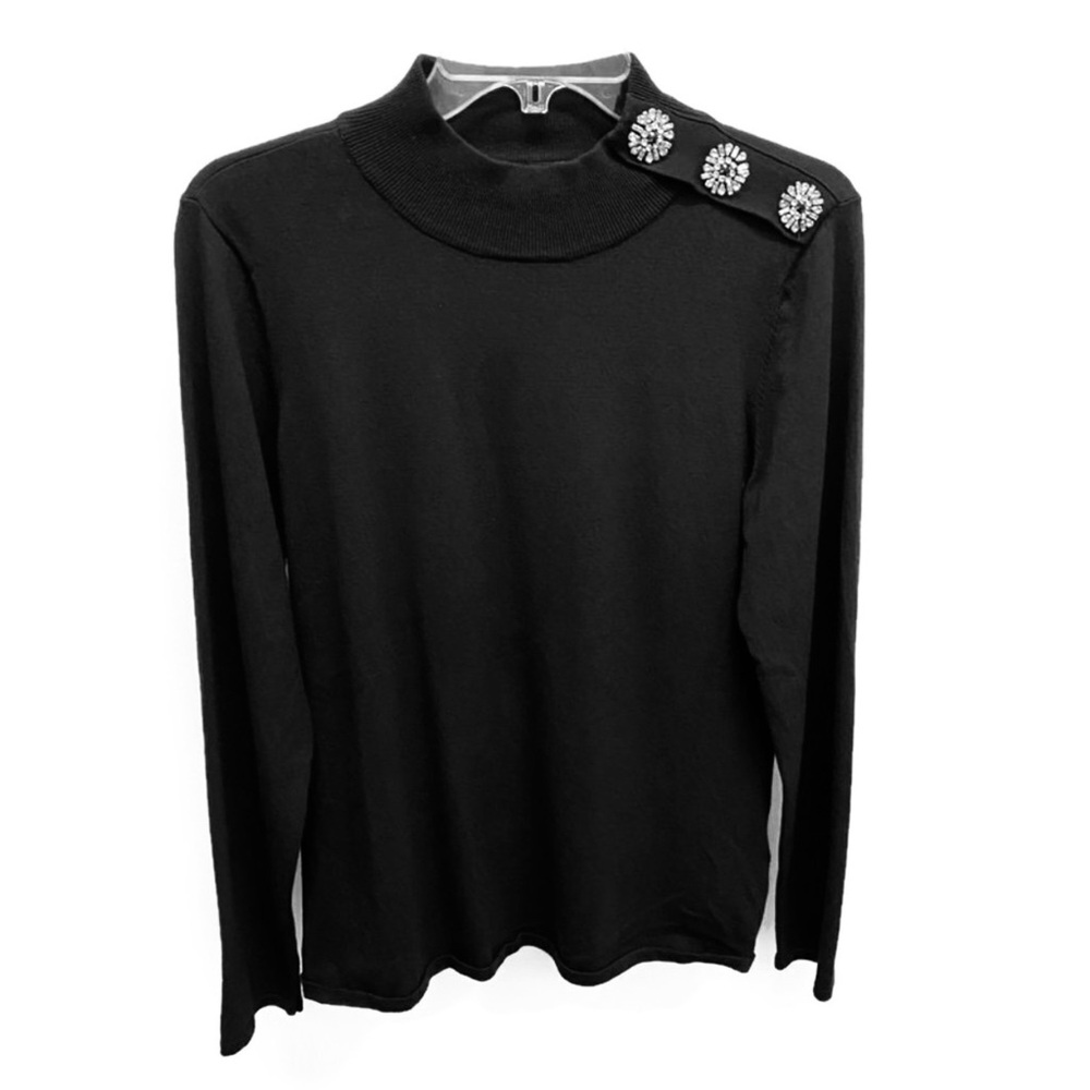 INC Black Rayon Blend Turtleneck Sweater w/Crystal Shoulder Accent Buttons